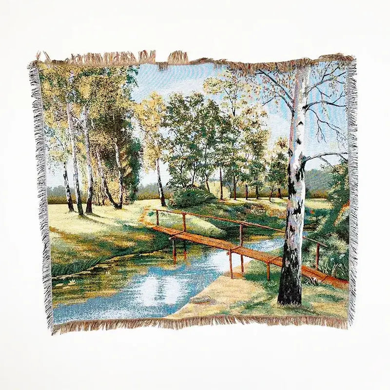 Landscape fringed jacquard sofa blanket living room throw