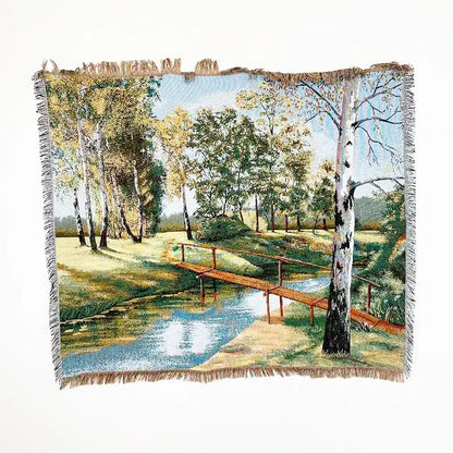 Landscape fringed jacquard sofa blanket living room throw
