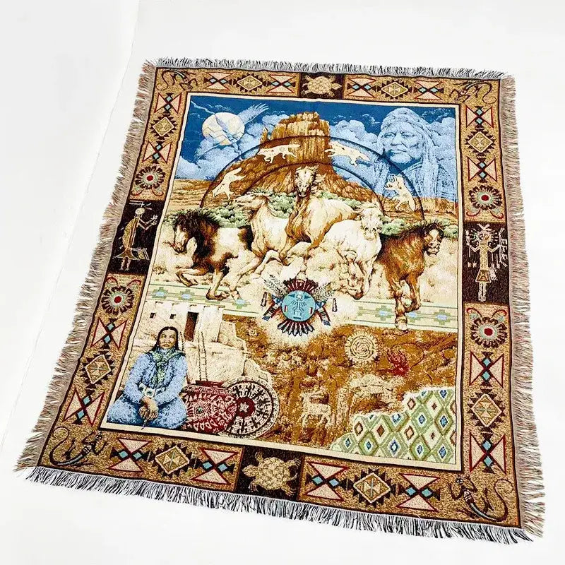 Landscape fringed jacquard sofa blanket living room throw