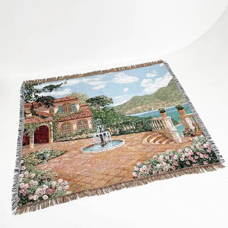 Landscape fringed jacquard sofa blanket living room throw