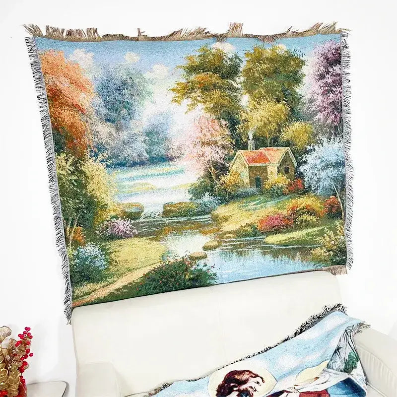 Landscape fringed jacquard sofa blanket living room throw