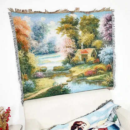Landscape fringed jacquard sofa blanket living room throw