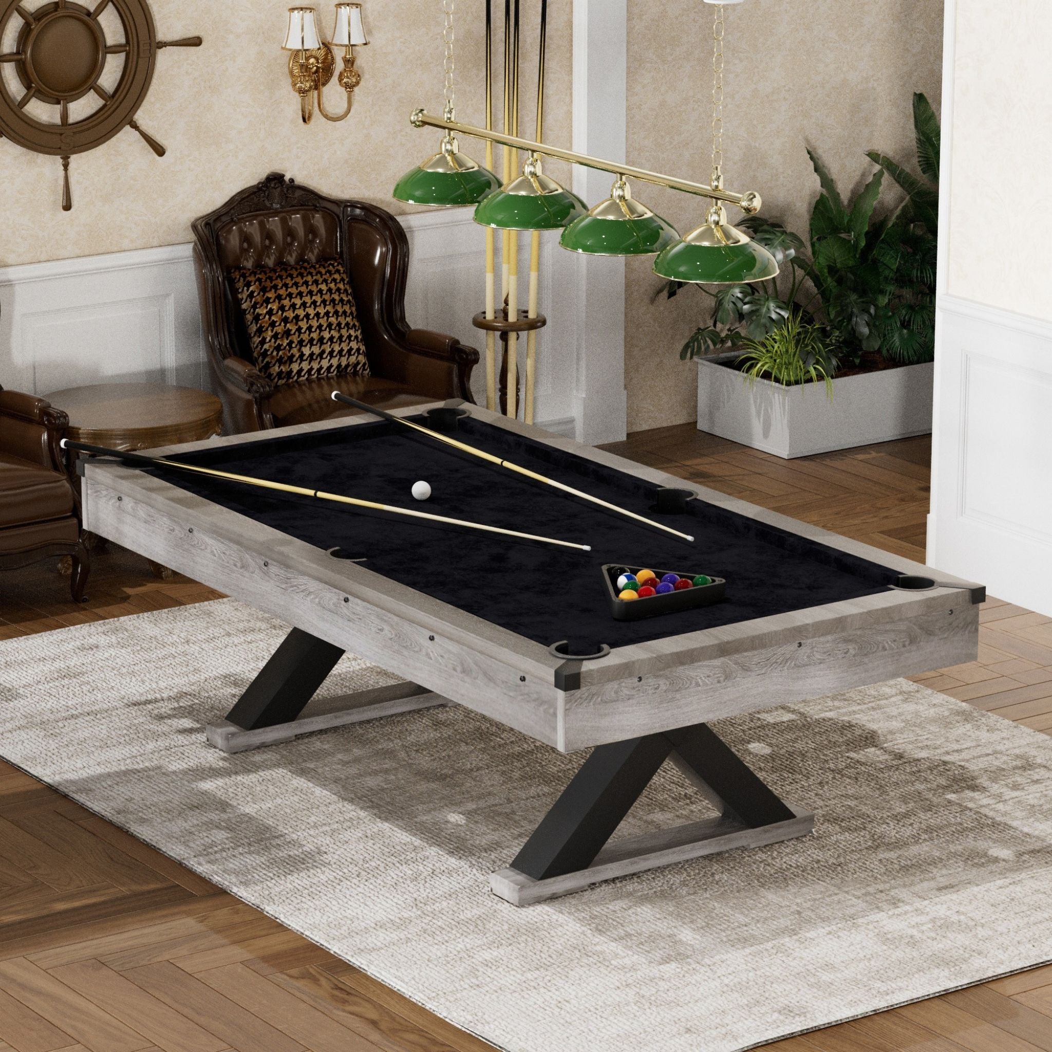 Large 84-Inch Rustic Gray Pool Table With Cues, Balls And X-Legs (SAK5 ...