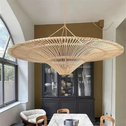 Large beige fan woven rattan pendant light for dining room