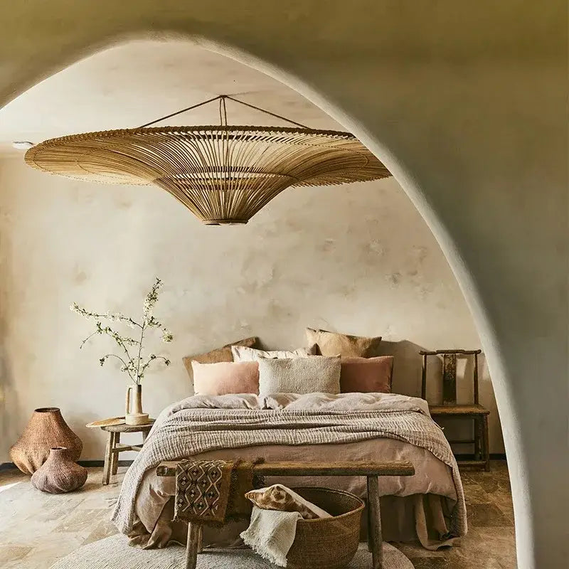 Large beige fan woven rattan pendant light for dining room