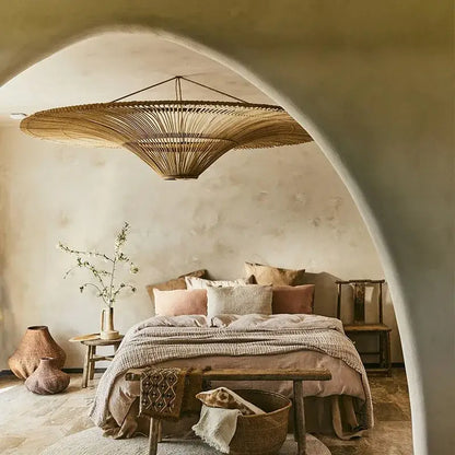 Large beige fan woven rattan pendant light for dining room