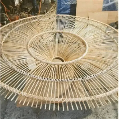 Large beige fan woven rattan pendant light for dining room