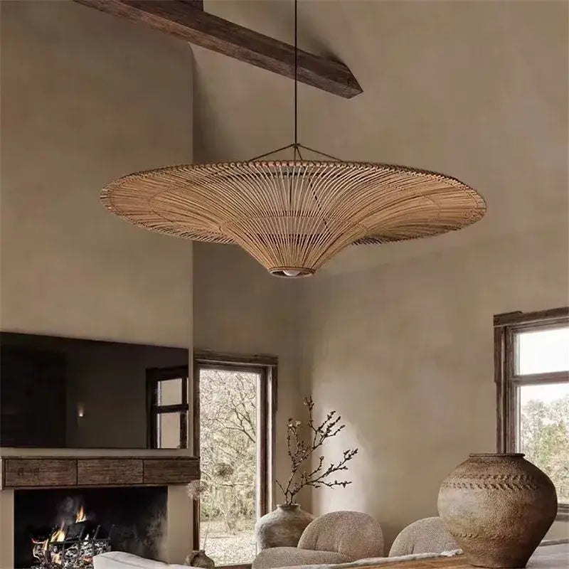 Large beige fan woven rattan pendant light for dining room