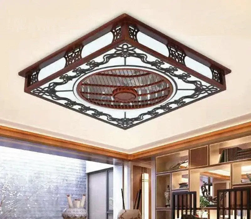 Lattice wood and black metal ceiling fan lamp chandelier living room