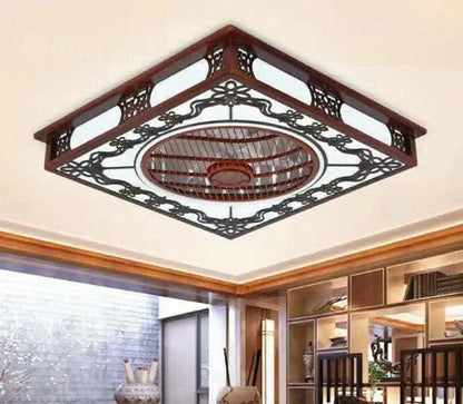 Lattice wood and black metal ceiling fan lamp chandelier living room