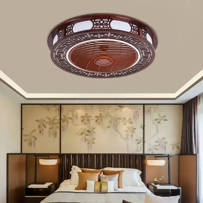 Lattice wood and black metal ceiling fan lamp chandelier living room