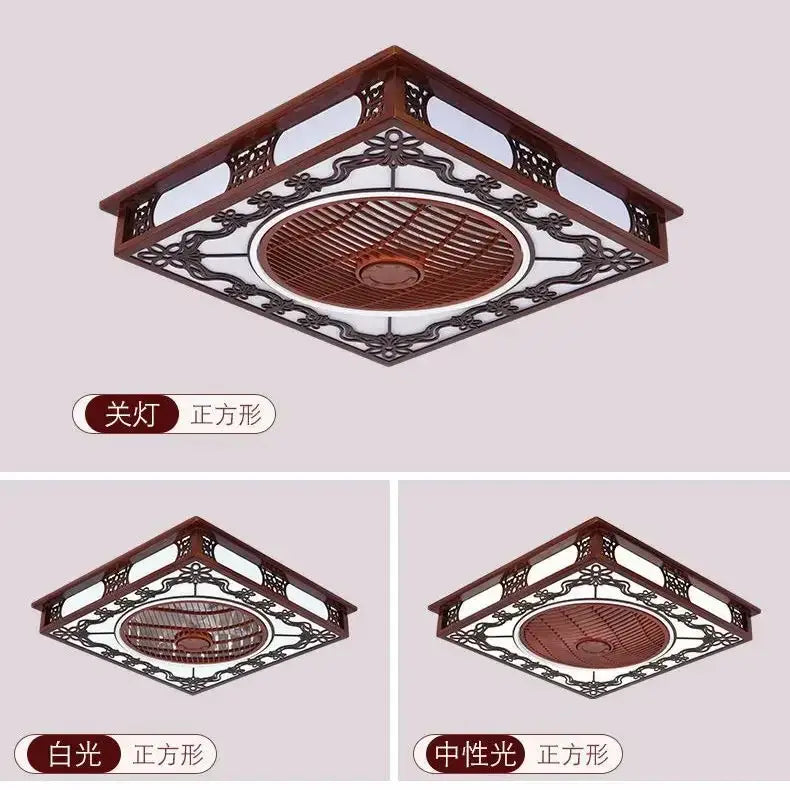 Lattice wood and black metal ceiling fan lamp chandelier living room