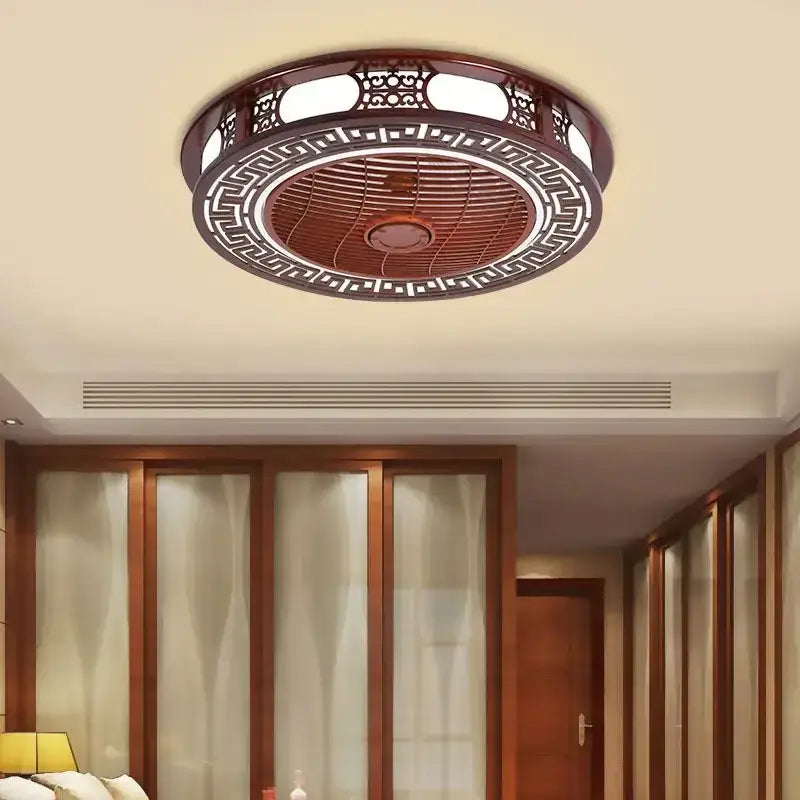 Lattice wood and black metal ceiling fan lamp chandelier living room