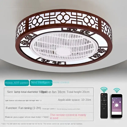 Lattice wood and black metal ceiling fan lamp chandelier living room