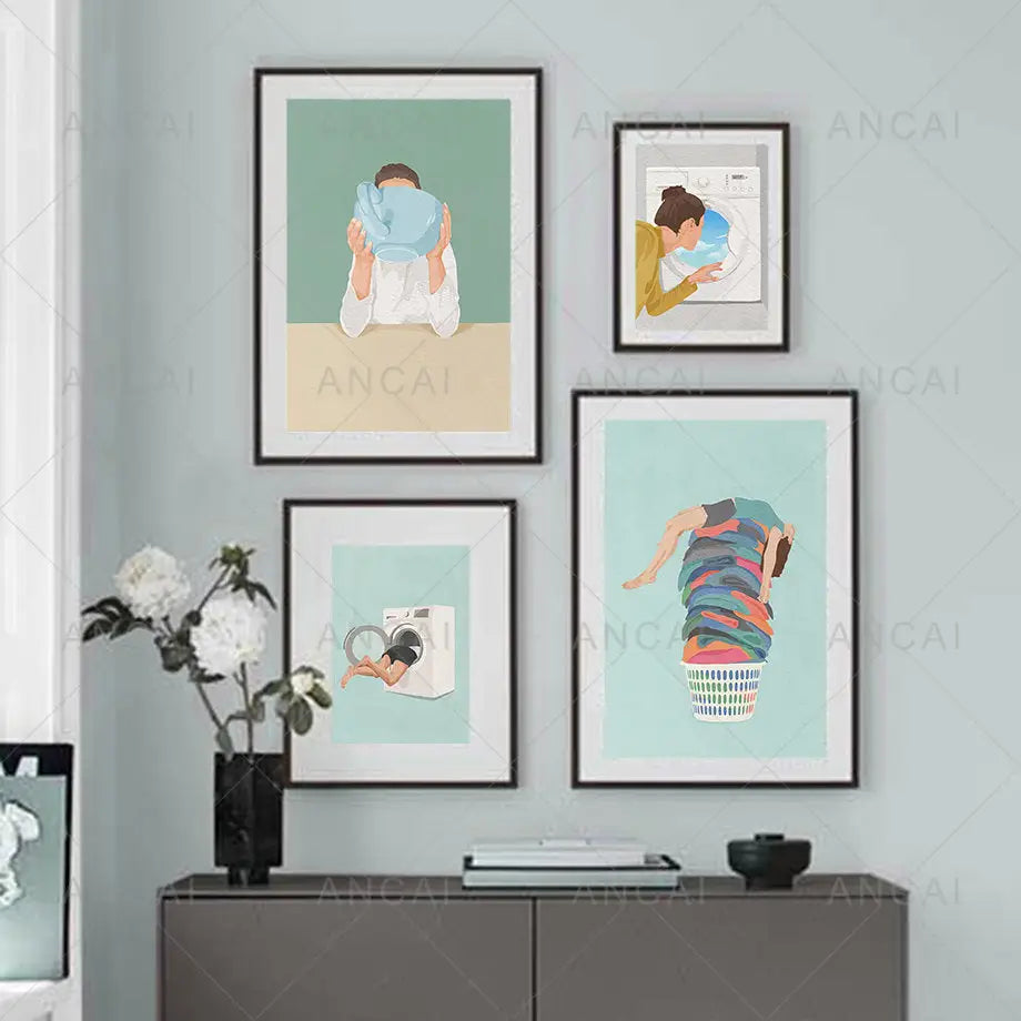 Minimalist white washing machine laundry room girl nordic wall art