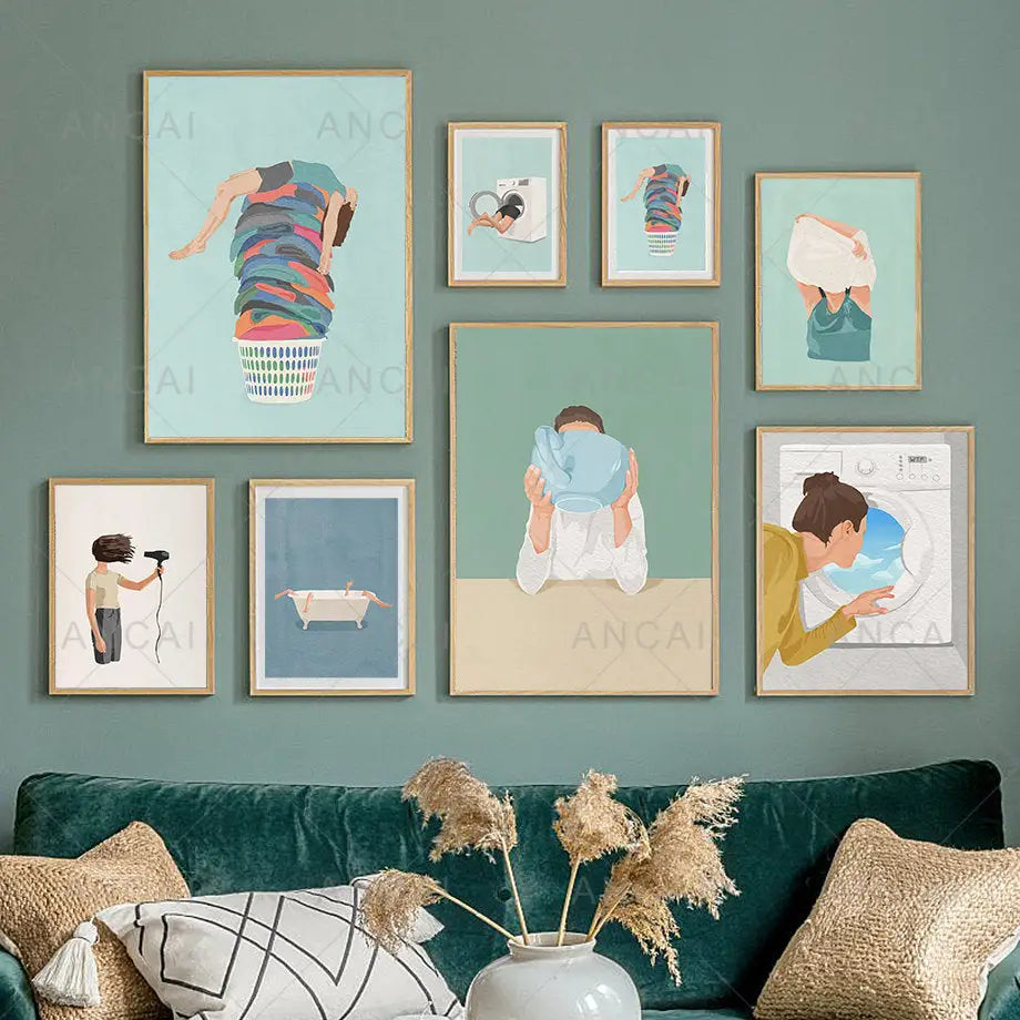 Minimalist white washing machine laundry room girl nordic wall art