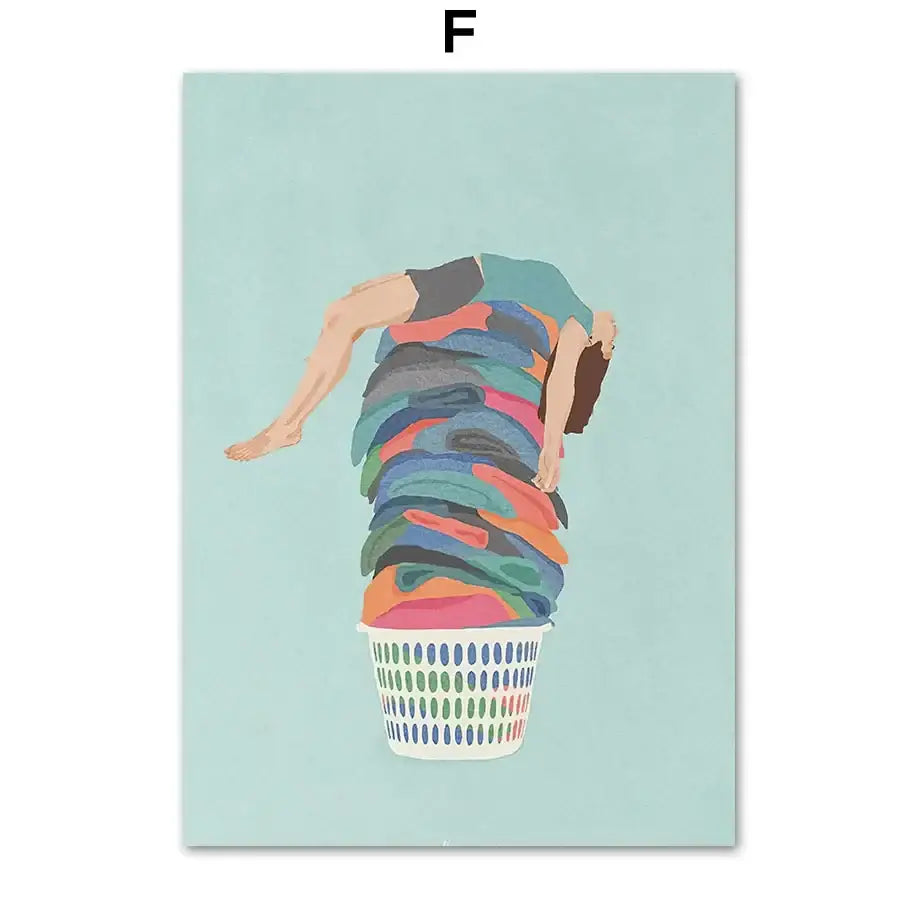 Minimalist white washing machine laundry room girl nordic wall art