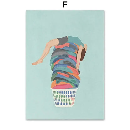 Minimalist white washing machine laundry room girl nordic wall art