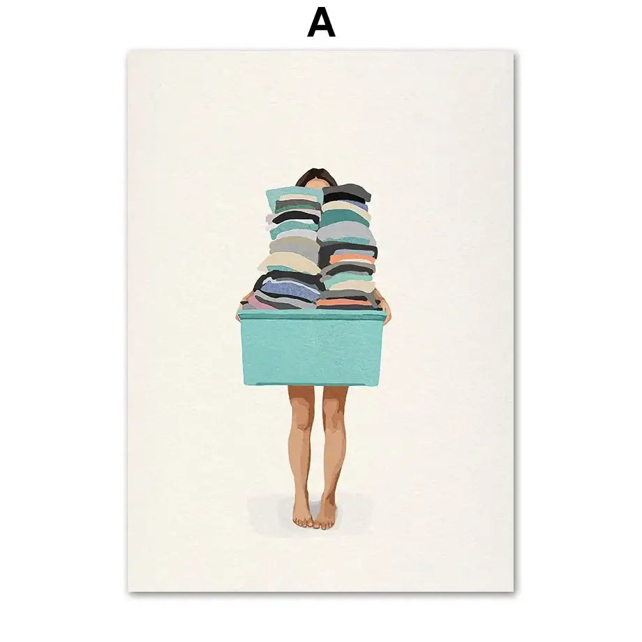 Minimalist white washing machine laundry room girl nordic wall art