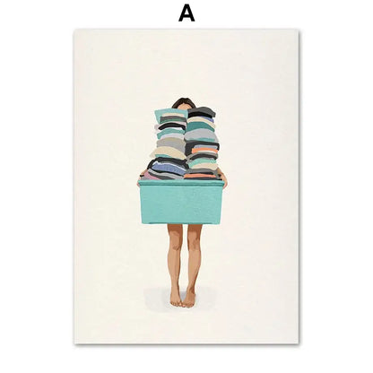 Minimalist white washing machine laundry room girl nordic wall art