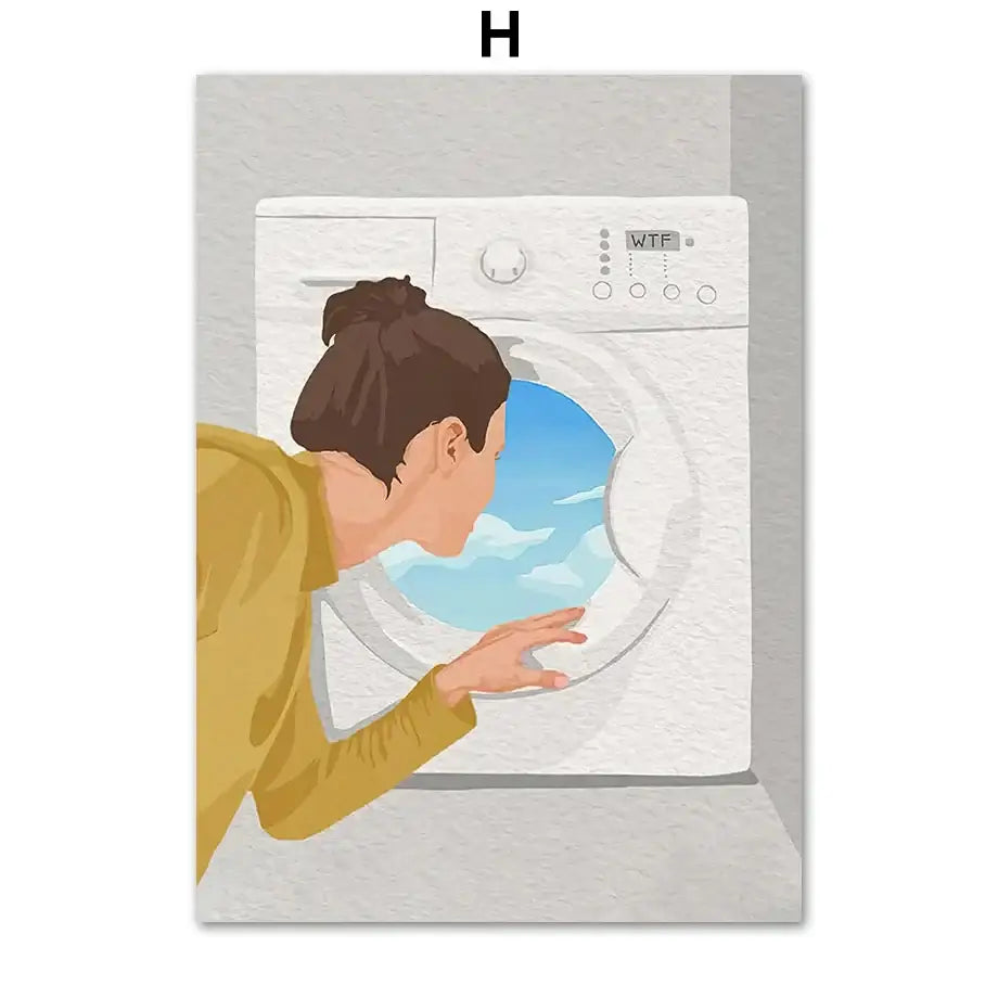 Minimalist white washing machine laundry room girl nordic wall art
