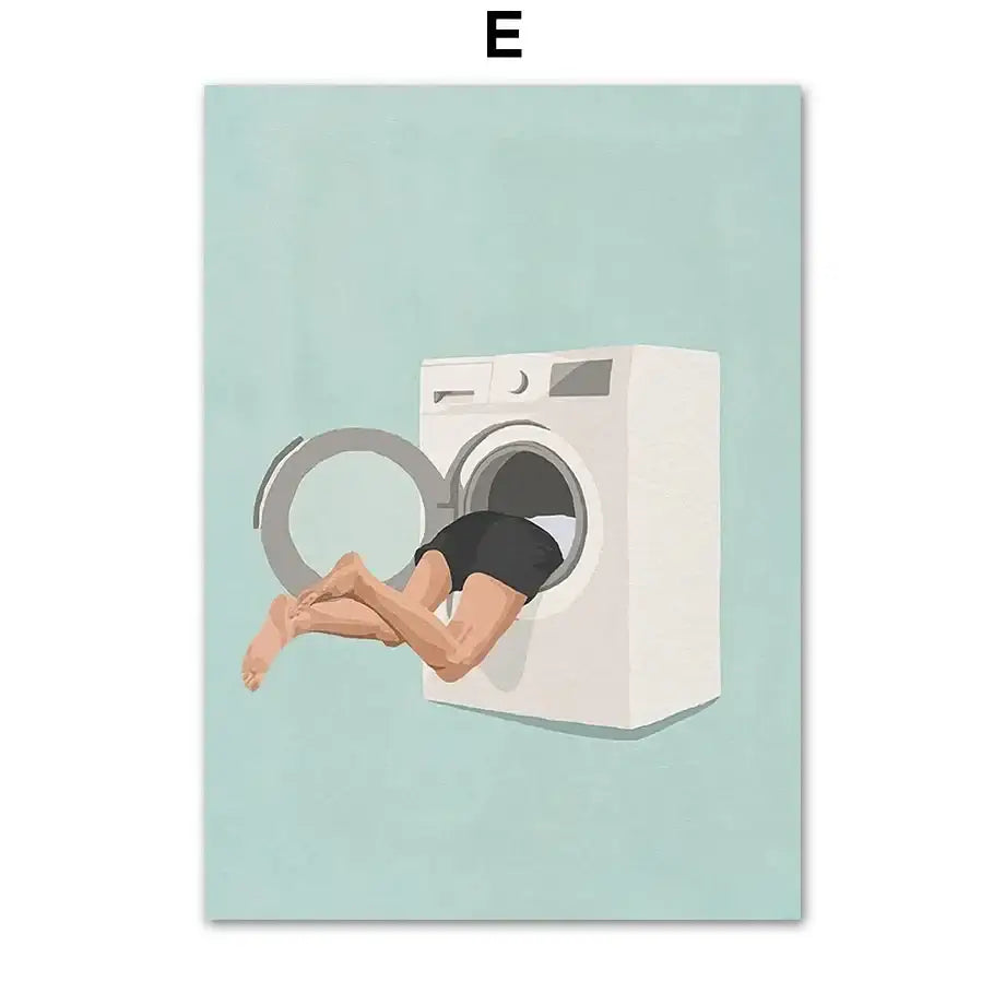 Minimalist white washing machine laundry room girl nordic wall art
