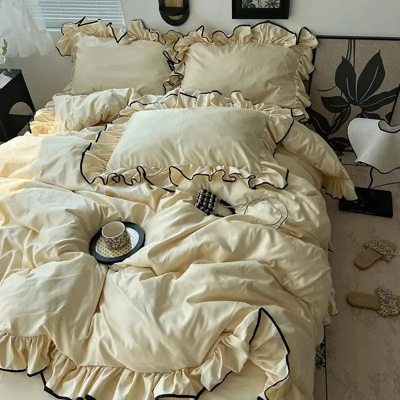 Lavender and black cooling silky ruffled bedding set bedroom decor