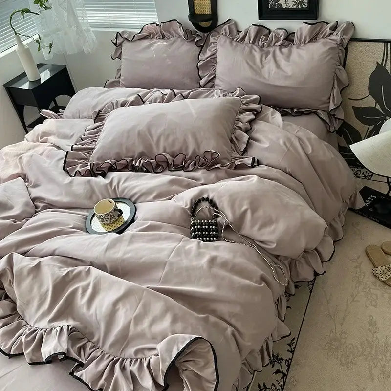 Lavender and black cooling silky ruffled bedding set bedroom decor