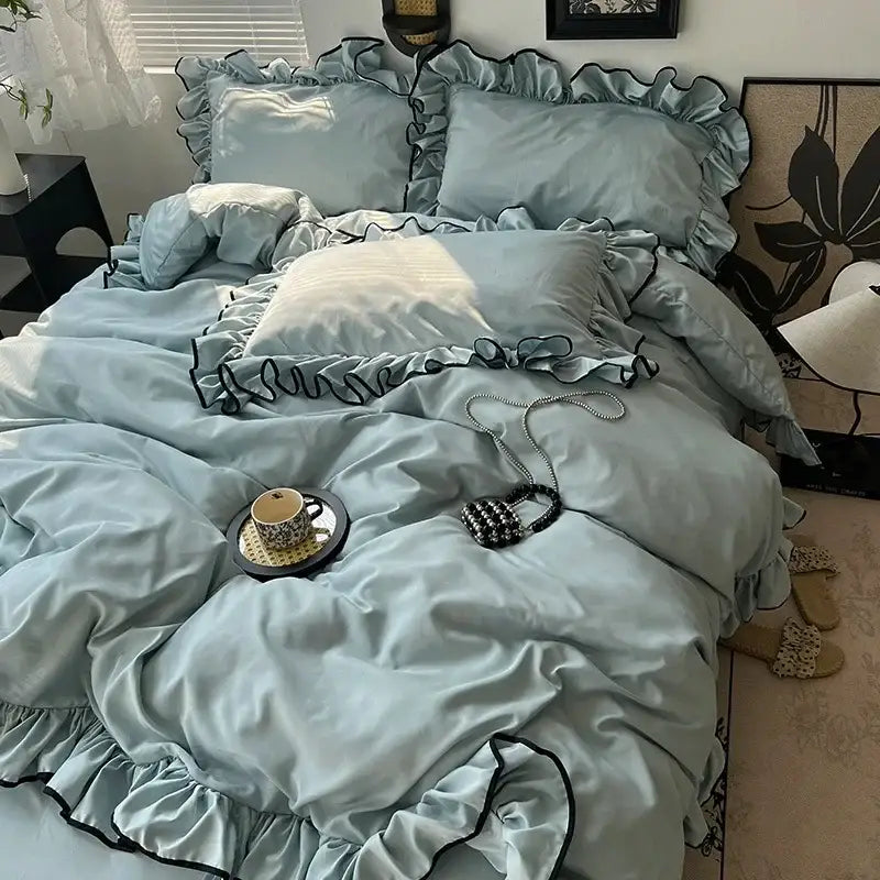Lavender and black cooling silky ruffled bedding set bedroom decor
