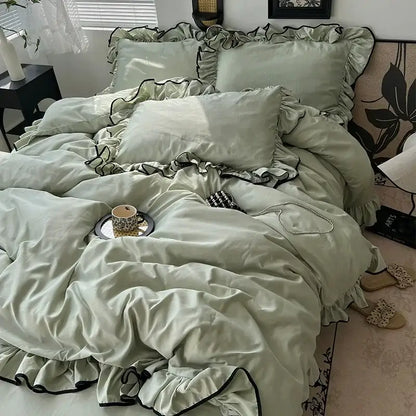 Lavender and black cooling silky ruffled bedding set bedroom decor