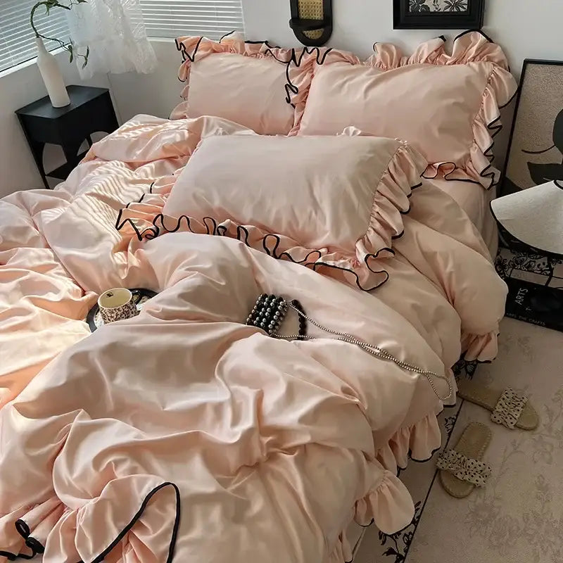 Lavender and black cooling silky ruffled bedding set bedroom decor