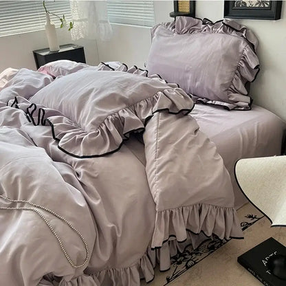 Lavender and black cooling silky ruffled bedding set bedroom decor