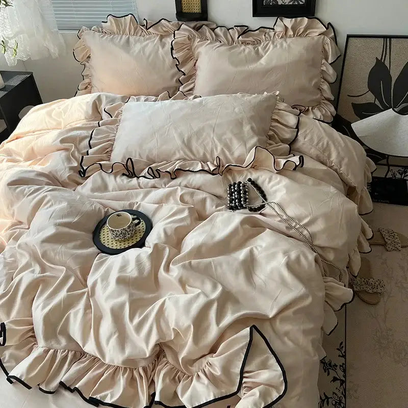 Lavender and black cooling silky ruffled bedding set bedroom decor