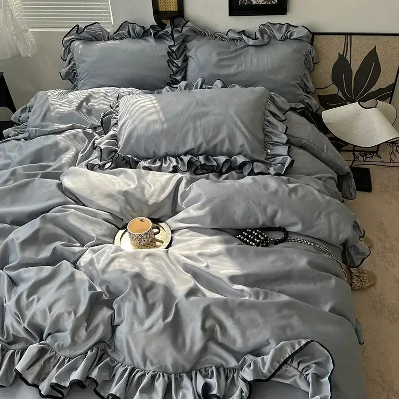 Lavender and black cooling silky ruffled bedding set bedroom decor