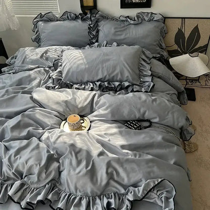 Lavender and black cooling silky ruffled bedding set bedroom decor