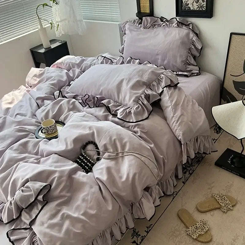 Lavender and black cooling silky ruffled bedding set bedroom decor
