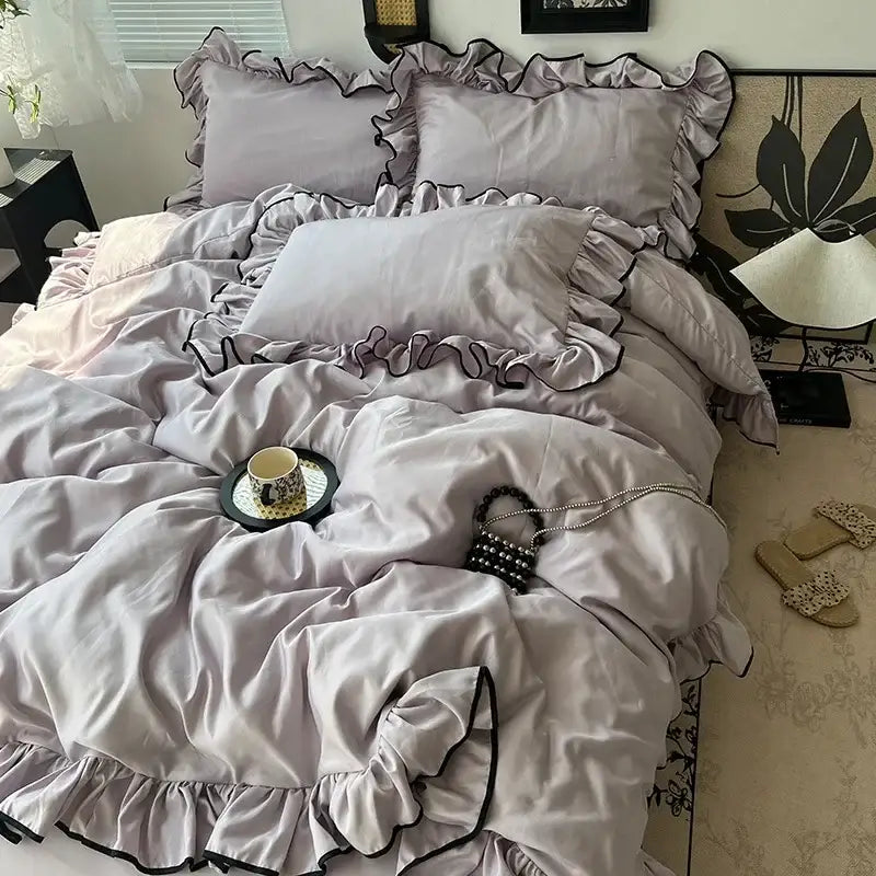 Lavender and black cooling silky ruffled bedding set bedroom decor