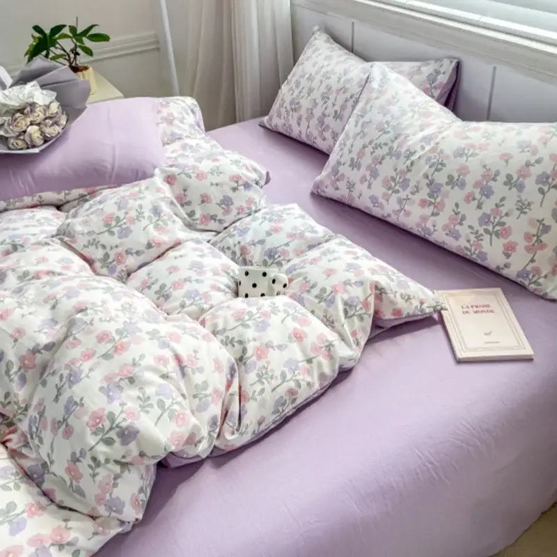 Lavender and pink floral cotton bedding set bedroom cozy pattern printed