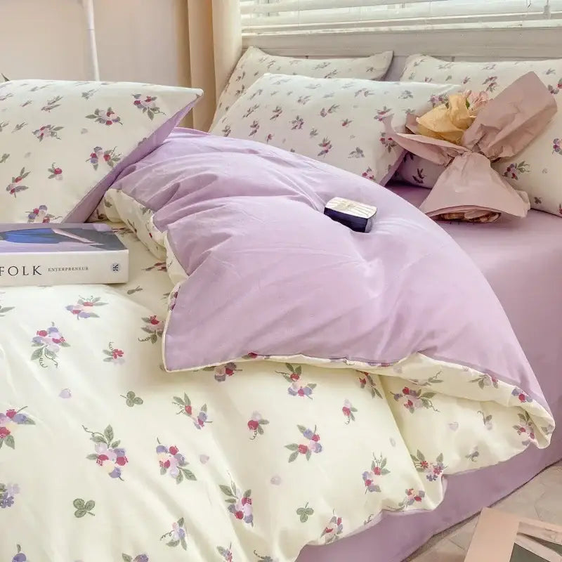 Lavender and pink floral cotton bedding set bedroom cozy pattern printed