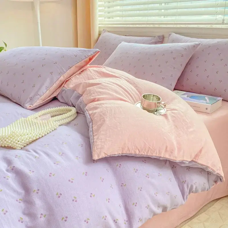 Lavender and pink floral cotton bedding set bedroom cozy pattern printed
