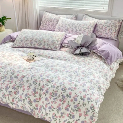 Lavender and pink floral cotton bedding set bedroom cozy pattern printed