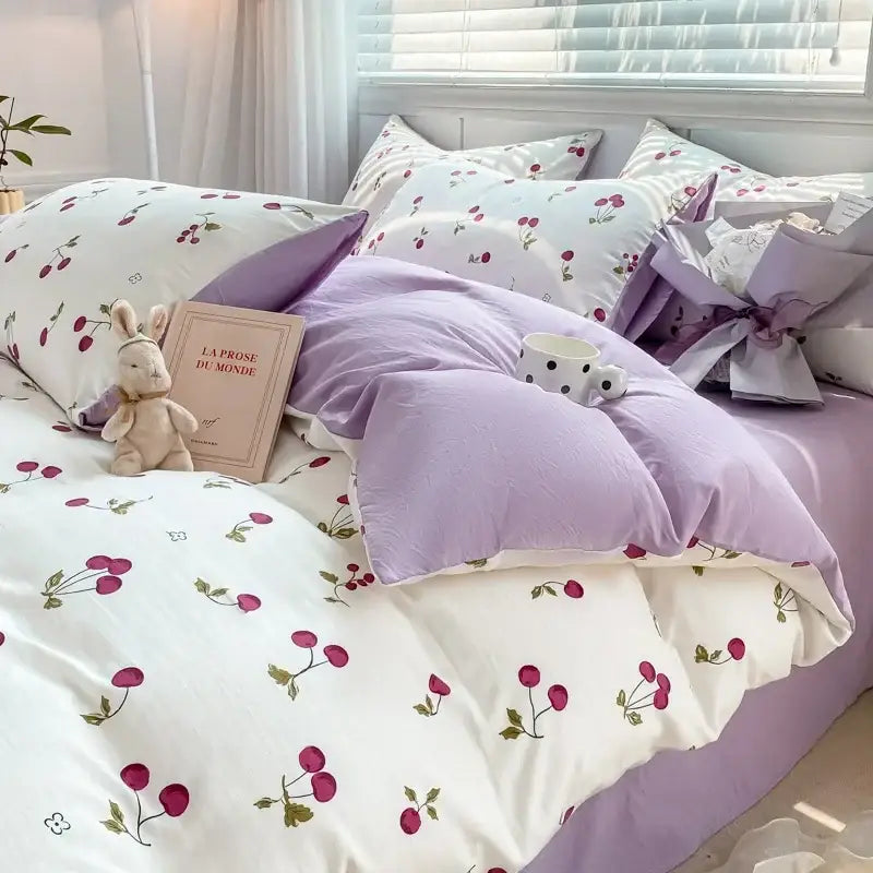 Lavender and pink floral cotton bedding set bedroom cozy pattern printed