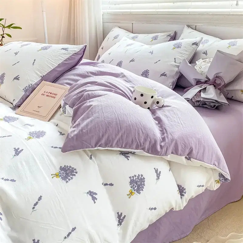 Lavender and pink floral cotton bedding set bedroom cozy pattern printed