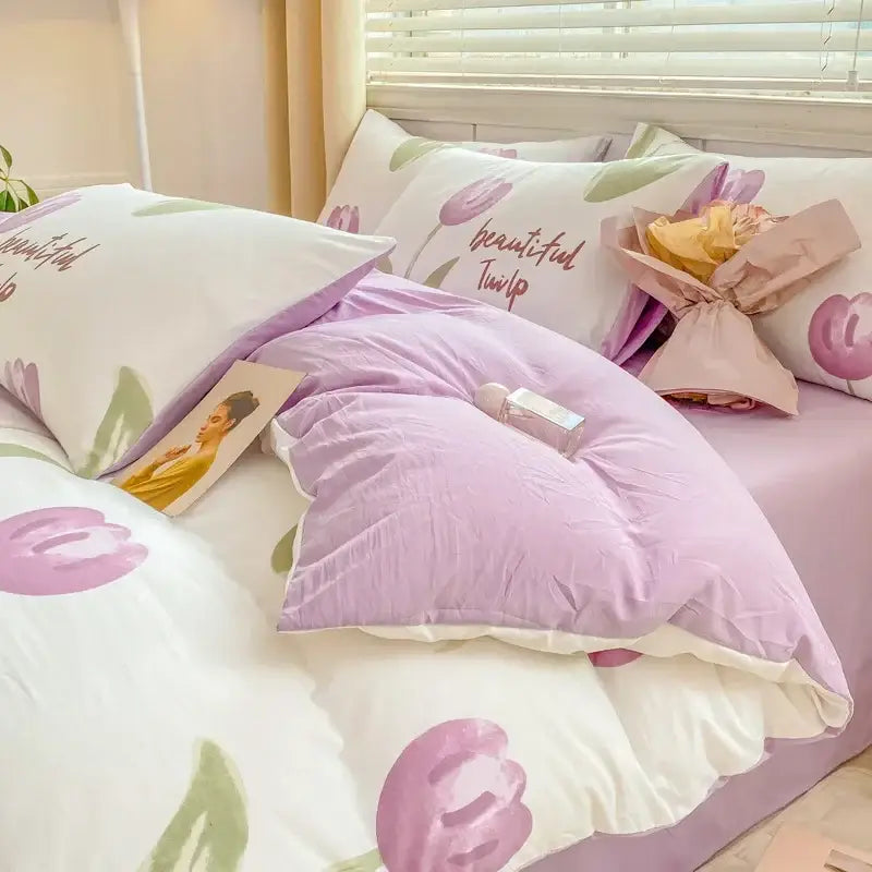 Lavender and pink floral cotton bedding set bedroom cozy pattern printed