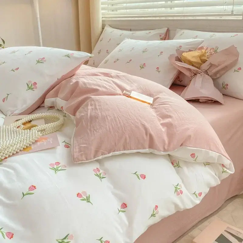 Lavender and pink floral cotton bedding set bedroom cozy pattern printed
