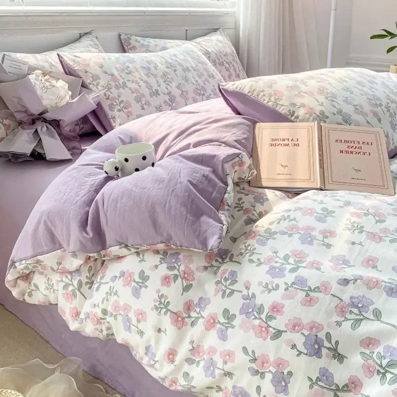 Lavender and pink floral cotton bedding set bedroom cozy pattern printed