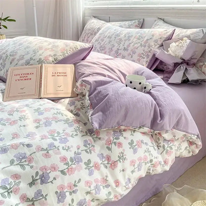 Lavender and pink floral cotton bedding set bedroom cozy pattern printed