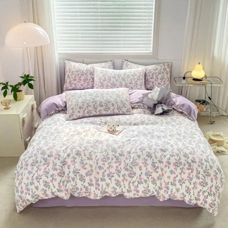 Lavender and pink floral double layer yarn bed sheet set bedroom