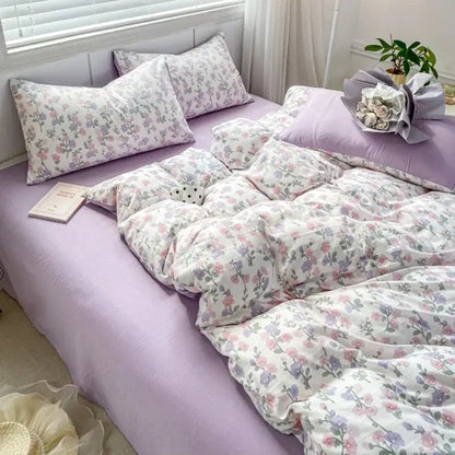 Lavender and pink floral double layer yarn bed sheet set bedroom