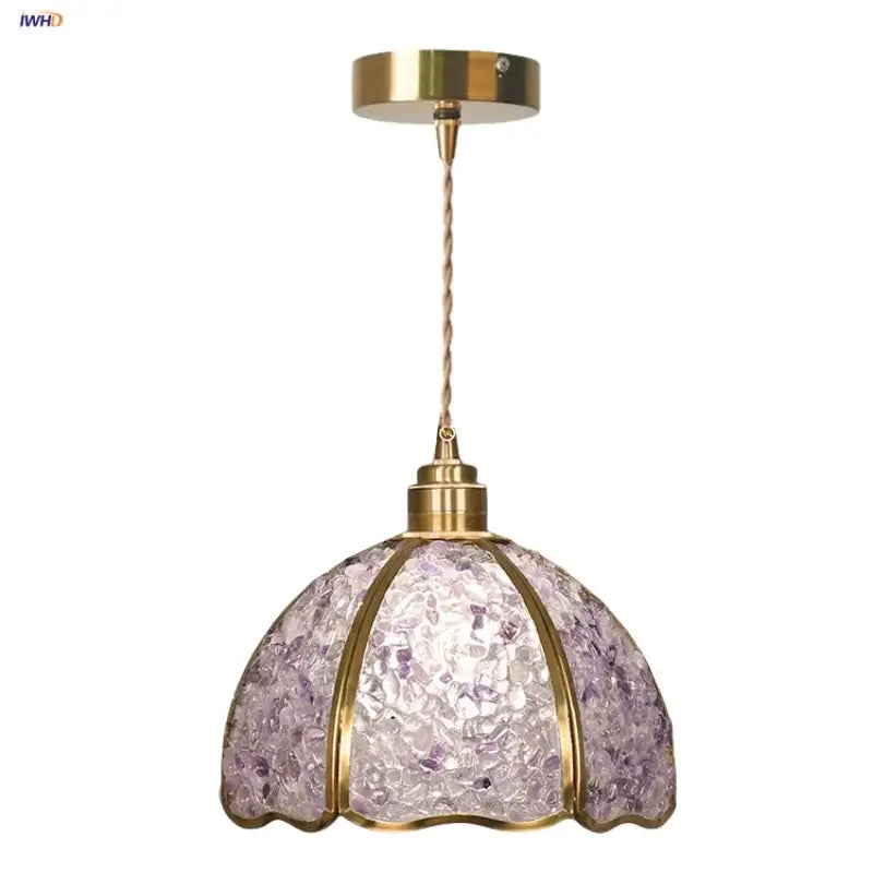 Lavender crystal glass led pendant light kitchen brass finish